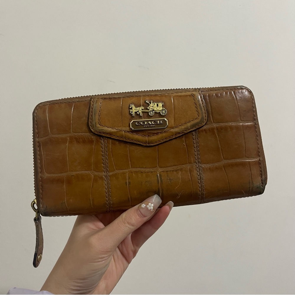 Coach Textured Zipper Brown Zip Around Bill Wallet